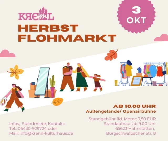 Auch in diesem Herbst gibt es wieder einen Flohmarkt im Kreml – auf dem weitläufigen Außengelände findet ihr zahlreiche Flohmarktstände, an denen gefeilscht und gehandelt werden kann.

Die Anmeldungen für Flohmarktstände laufen noch bis zum 1.10.!!🏃‍♀️🏃 

#flohmarkt #herbst #hahnstätten #zollhaus #limburganderlahn #kremlkulturhaus  #diez #aareinrich #SaveTheDate #kulturerleben