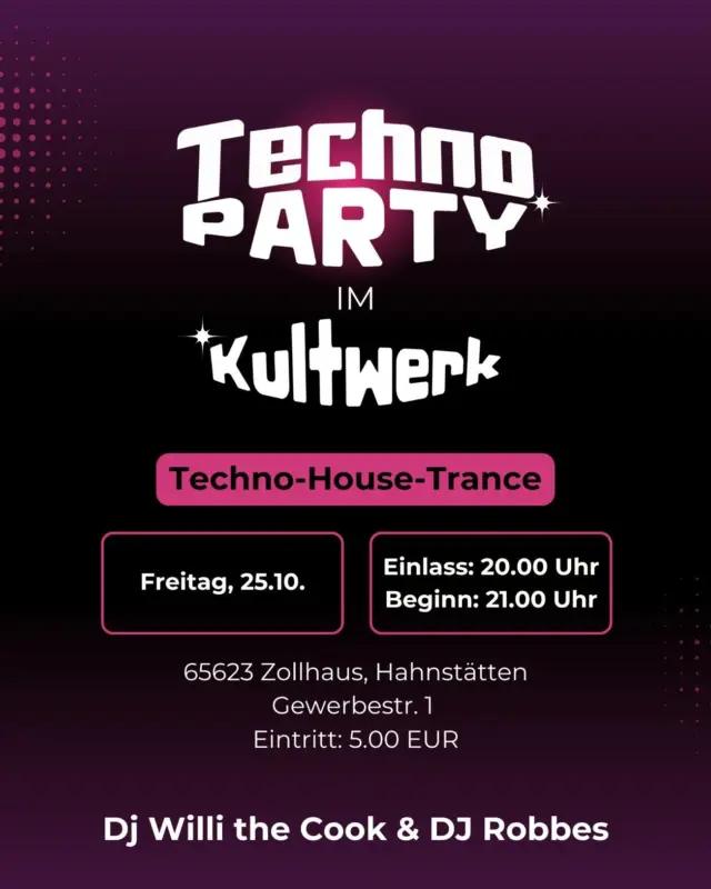 Space Boogie Night im Kultwerk! 
Am Freitag, den 25.10., ab 21 Uhr heizen euch DJ Willi the Cook und DJ Robbes mit einer guten Mischung aus Techno, House und Trance ein!🕺
Eintritt nur 5 Euro, keine Reservierung nötig – kommt einfach vorbei und tanzt mit uns durch die Nacht! 🌌🎧

#technoparty #housemusic #trancemusic #rave #hahnstätten #zollhaus #veranstaltung #limburg #wiesbaden #mainz  #aareinrich #technohouse #zollhaus #jugend #LiveMusic #party