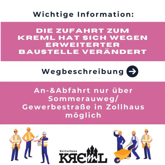 🚧 Achtung! Wichtige Baustelleninfo um den Kreml! 🚧

Die Zufahrt zum Kreml hat sich geändert. An- und Abfahrt sind nur noch über den Sommerauweg - Gewerbestraße in Zollhaus möglich. 

🅿️Auf dem großen Parkplatz

#Kreml #Baustelle #Verkehr #Umleitung #aareinrich #limburglahn